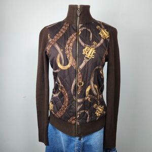 RLL Vintage Ribbed Brown Cardigan Jacket  Equestrian Size M Horse Bridle Print